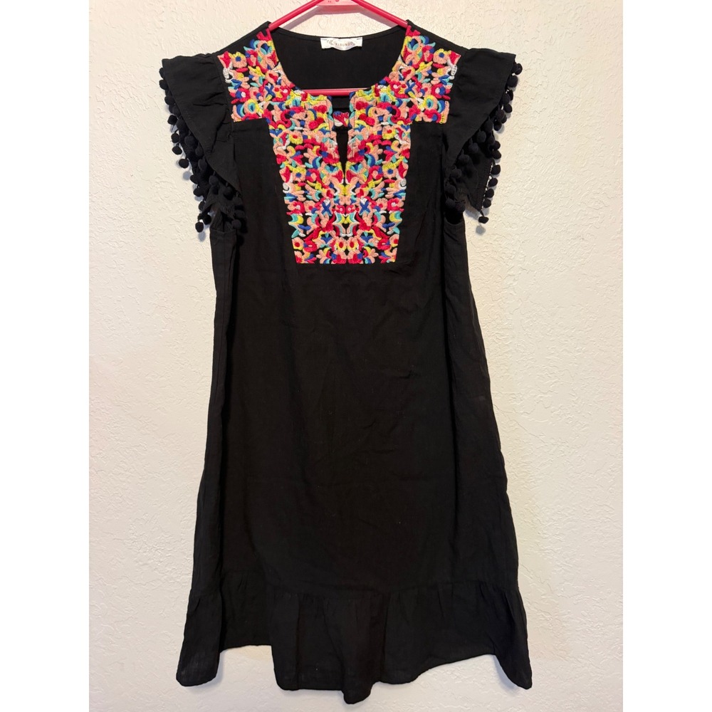 Kirundo Black Embroidered Boho Mini Dress Flutter Sleeve Pom Pom Trim Medium